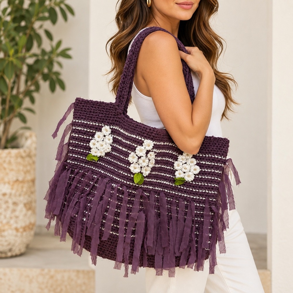 Unbranded Purple Crochet Tote Bag Floral Applique Fringe Boho Cottagecore